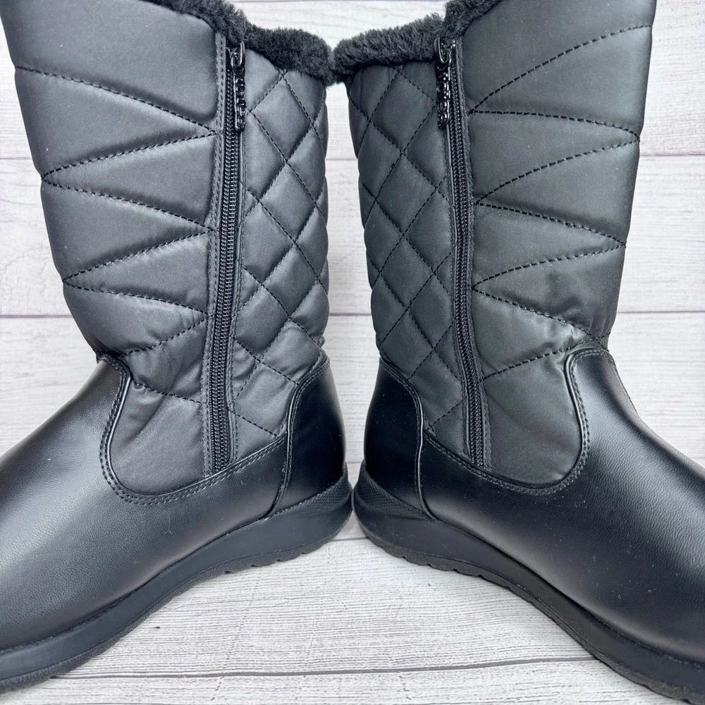 Totes Womens Black Quilted Mid Calf Winter Boots Faux Fur‎ Trim Size 8